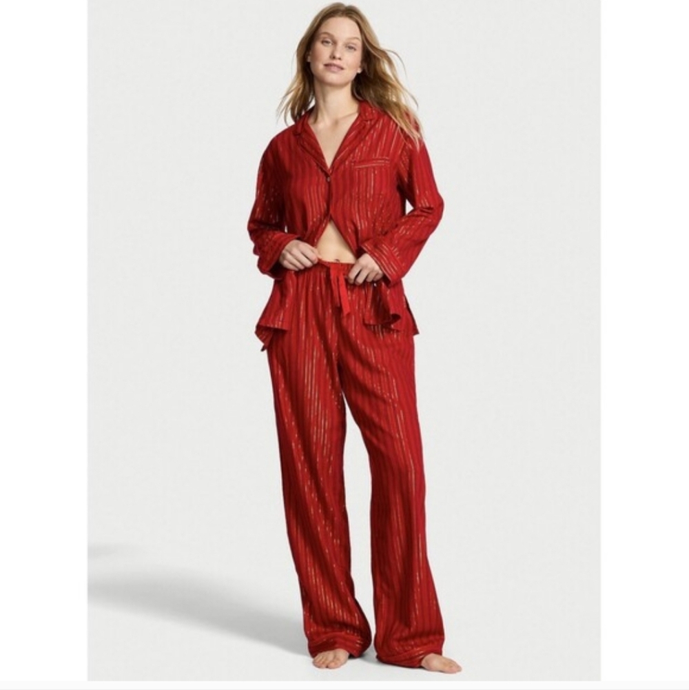 Victoria's Secret Long Flannel PJ Pajamas Set Red Stripe Medium Petite Short MP